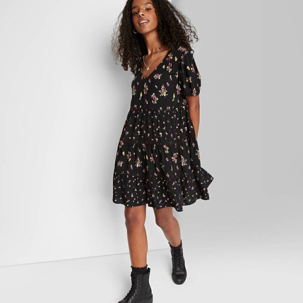 ‎Women's Floral Print Short Sleeve Tiered Babydoll